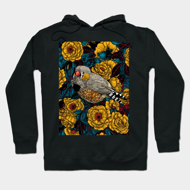 Zebra finch and yellow rose bush Hoodie by katerinamk